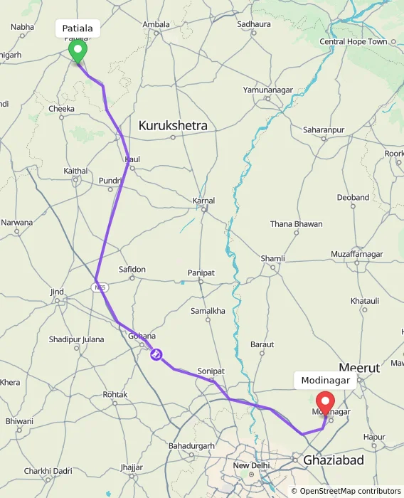 Route map showing distance and travel time from Patiala, India to Modinagar, India