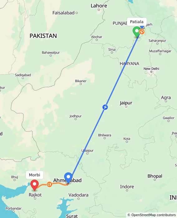 Route map showing distance and travel time from Patiala, India to Morbi, India