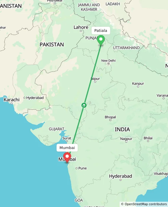 Route map showing distance and travel time from Patiala, India to Mumbai, India