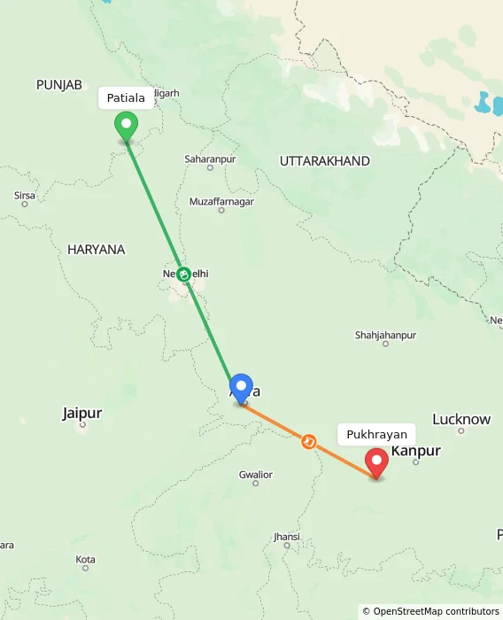 Route map showing distance and travel time from Patiala, India to Pukhrayan, India