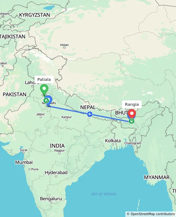Route map showing distance and travel time from Patiala, India to Rangia, India