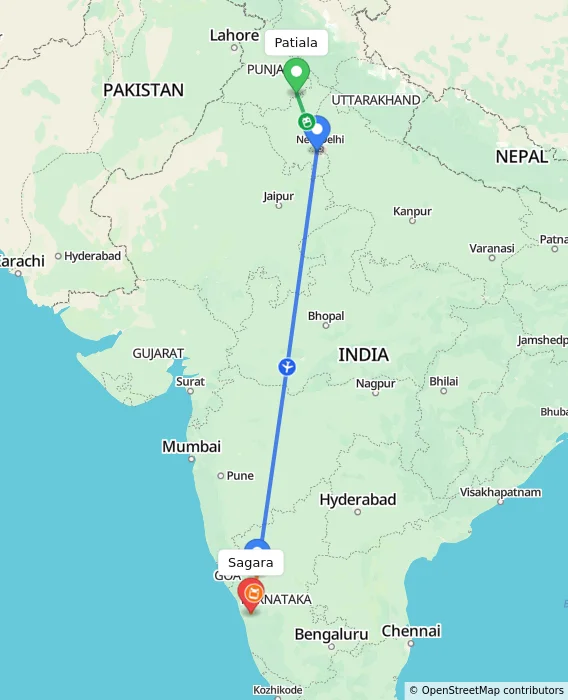 Route map showing distance and travel time from Patiala, India to Sagara, India