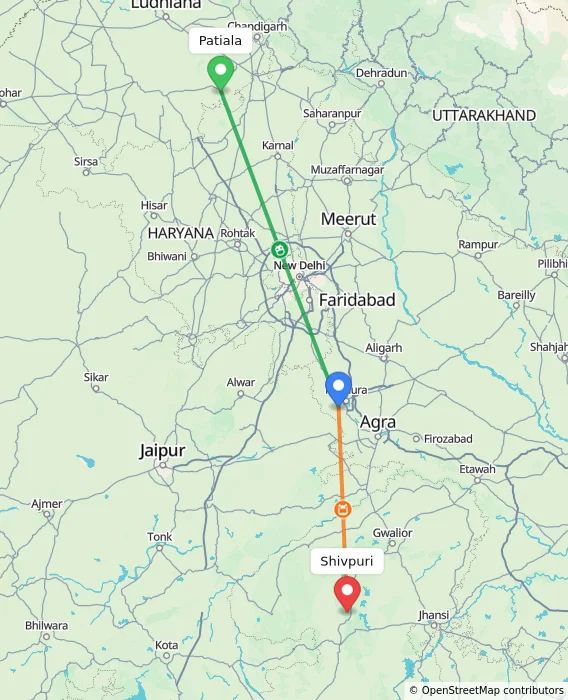 Route map showing distance and travel time from Patiala, India to Shivpuri, India
