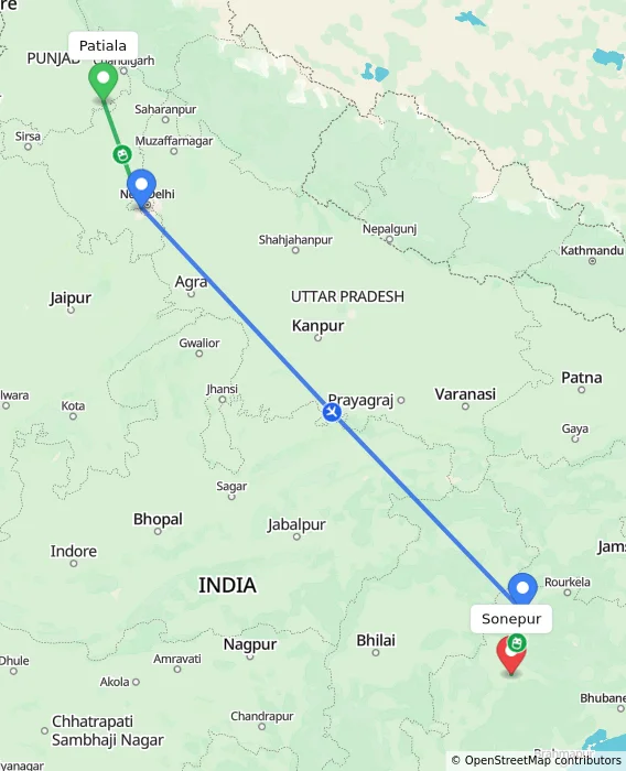Route map showing distance and travel time from Patiala, India to Sonepur, India
