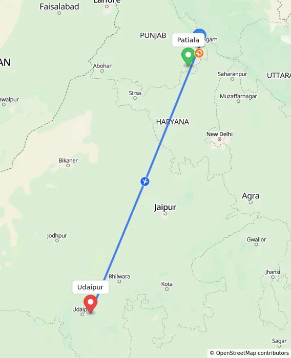 Route map showing distance and travel time from Patiala, India to Udaipur, India