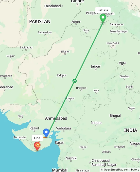 Route map showing distance and travel time from Patiala, India to Una, India