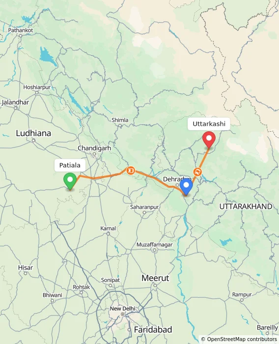 Route map showing distance and travel time from Patiala, India to Uttarkashi, India