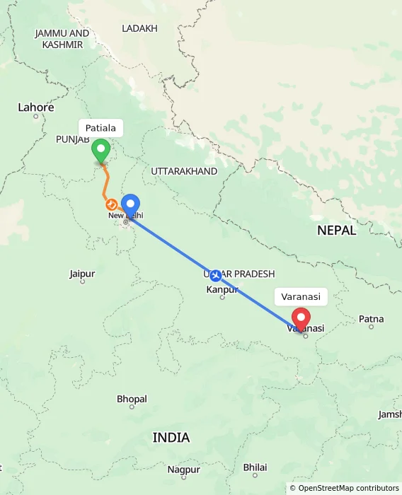Route map showing distance and travel time from Patiala, India to Varanasi, India