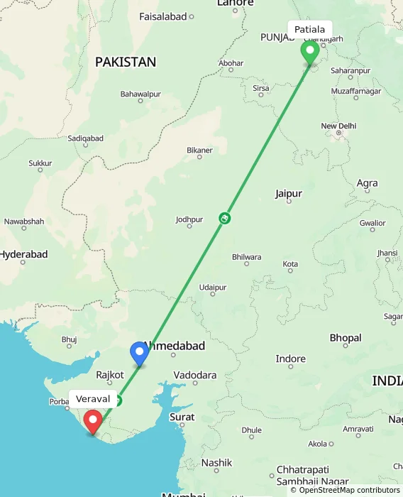 Route map showing distance and travel time from Patiala, India to Veraval, India