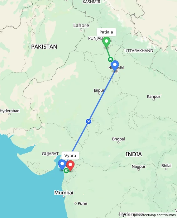 Route map showing distance and travel time from Patiala, India to Vyara, India