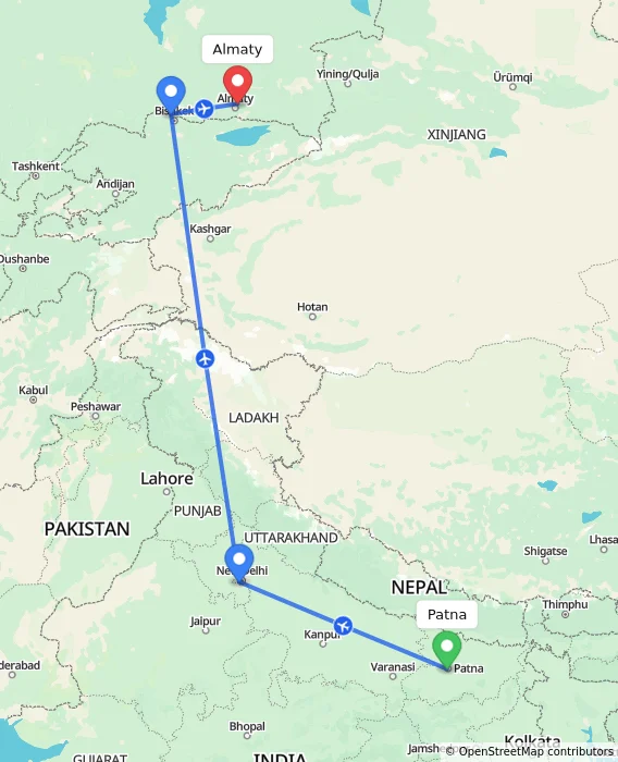 Route map showing distance and travel time from Patna, India to Almaty, Kazakhstan