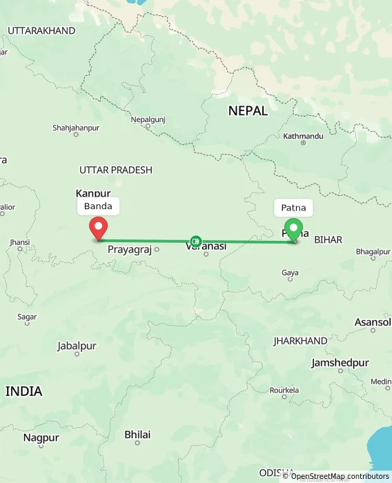 Route map showing distance and travel time from Patna, India to Banda, India