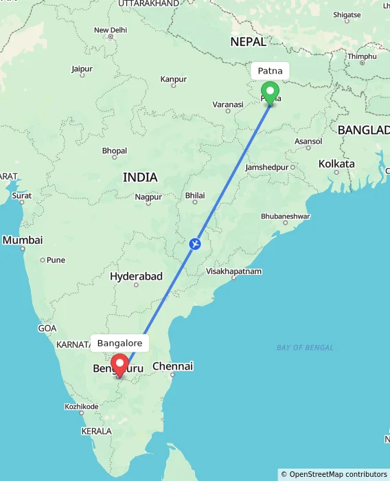 Route map showing distance and travel time from Patna, India to Bangalore, India