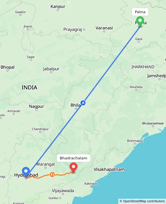 Route map showing distance and travel time from Patna, India to Bhadrachalam, India