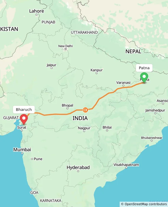 Route map showing distance and travel time from Patna, India to Bharuch, India