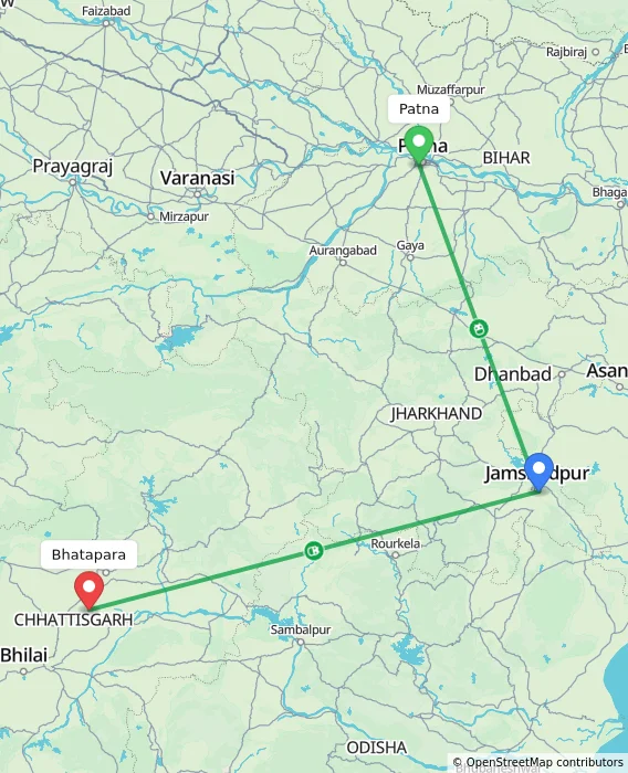Route map showing distance and travel time from Patna, India to Bhatapara, India