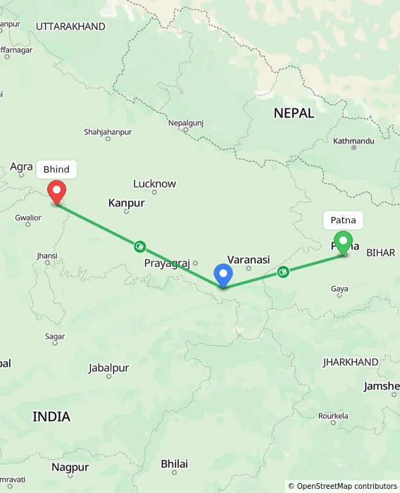 Route map showing distance and travel time from Patna, India to Bhind, India