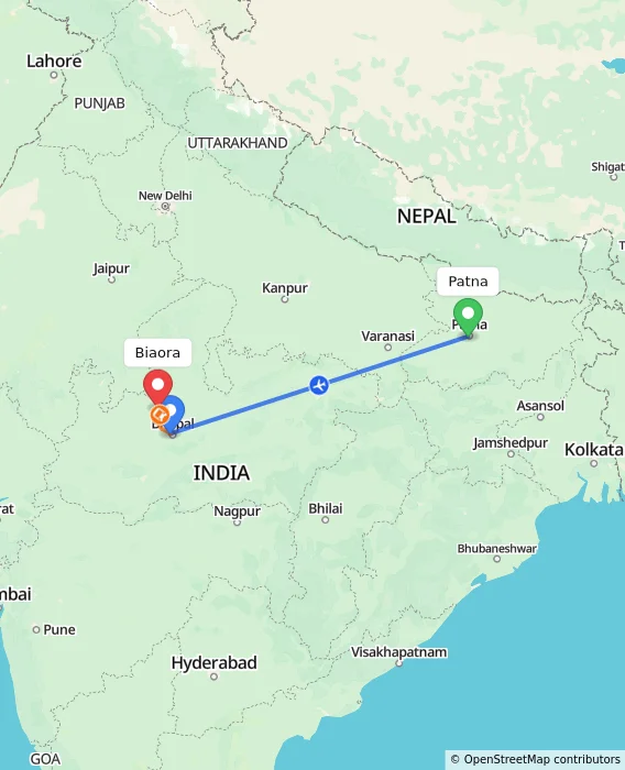 Route map showing distance and travel time from Patna, India to Biaora, India
