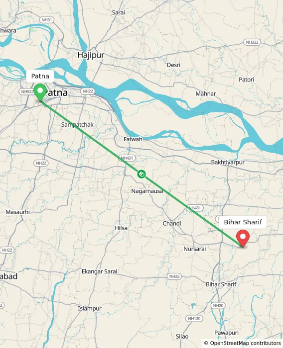 Route map showing distance and travel time from Patna, India to Bihar Sharif, India