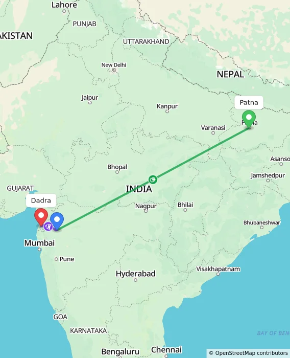Route map showing distance and travel time from Patna, India to Dadra, India
