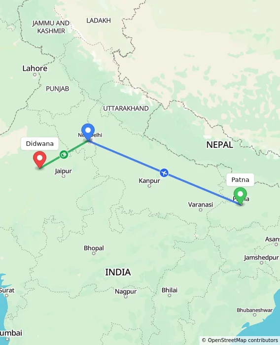 Route map showing distance and travel time from Patna, India to Didwana, India