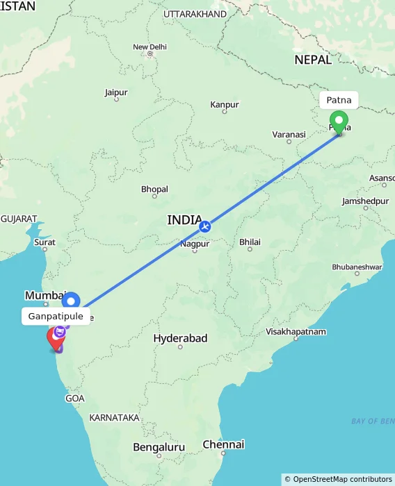 Route map showing distance and travel time from Patna, India to Ganpatipule, India