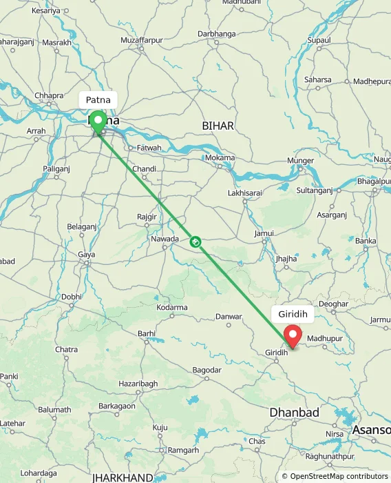 Route map showing distance and travel time from Patna, India to Giridih, India