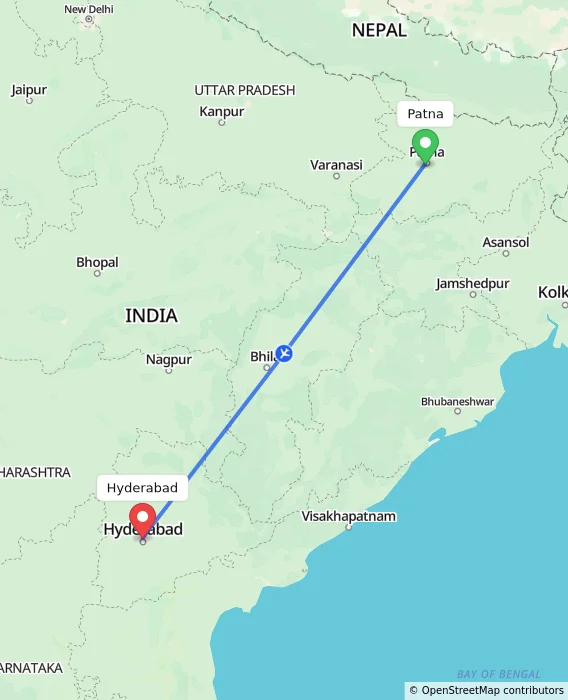 Route map showing distance and travel time from Patna, India to Hyderabad, India