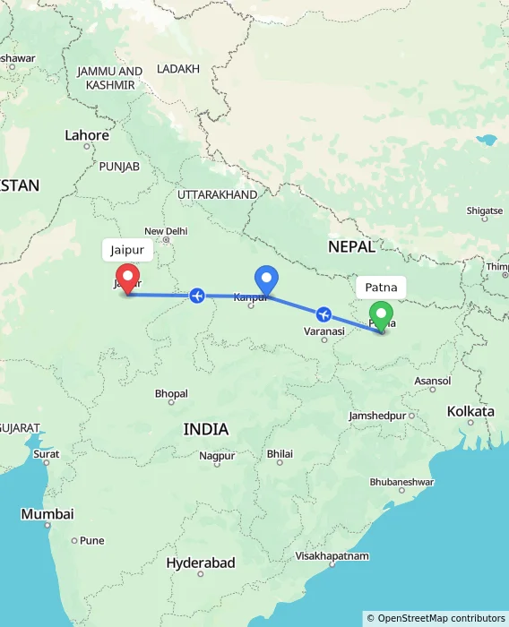 Route map showing distance and travel time from Patna, India to Jaipur, India