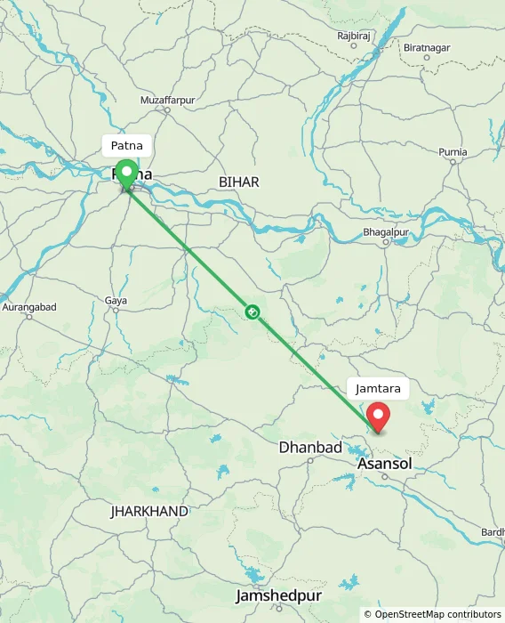 Route map showing distance and travel time from Patna, India to Jamtara, India