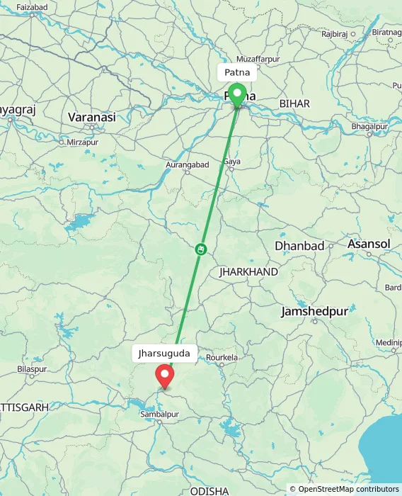 Route map showing distance and travel time from Patna, India to Jharsuguda, India