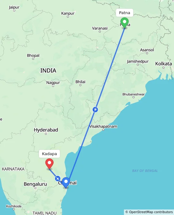 Route map showing distance and travel time from Patna, India to Kadapa, India