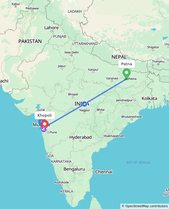 Route map showing distance and travel time from Patna, India to Khopoli, India
