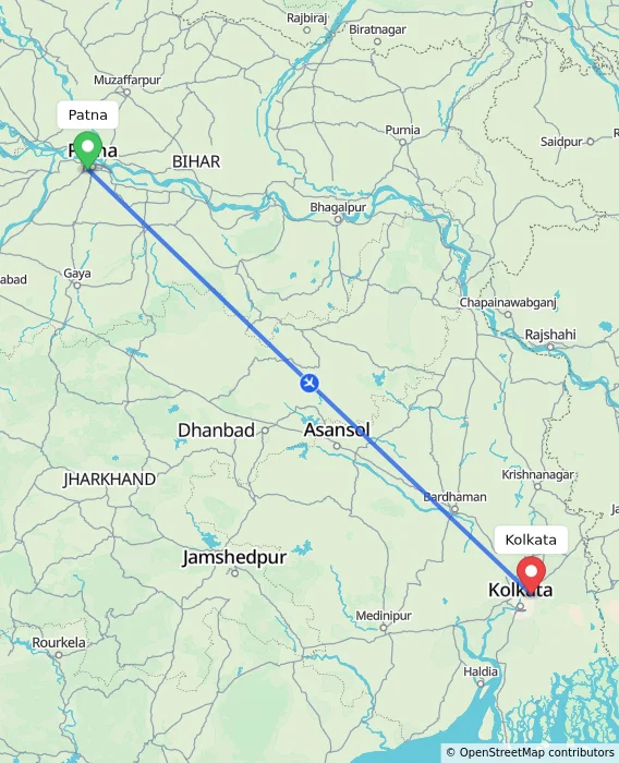 Route map showing distance and travel time from Patna, India to Kolkata, India