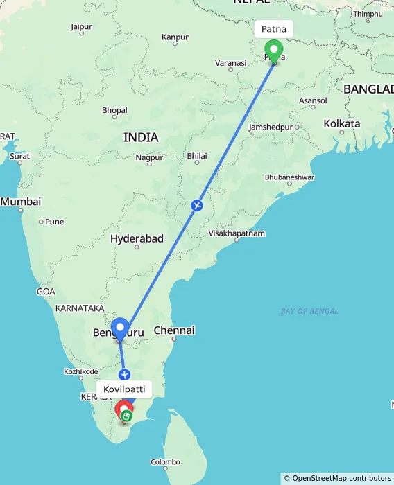 Route map showing distance and travel time from Patna, India to Kovilpatti, India