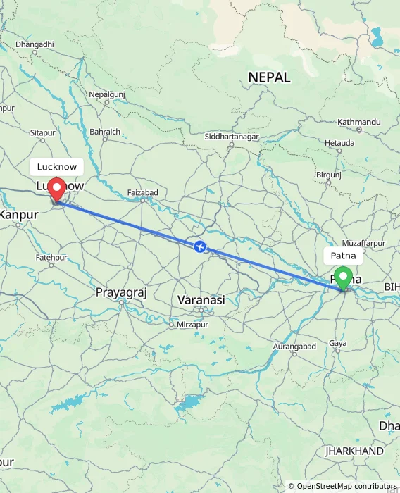 Route map showing distance and travel time from Patna, India to Lucknow, India