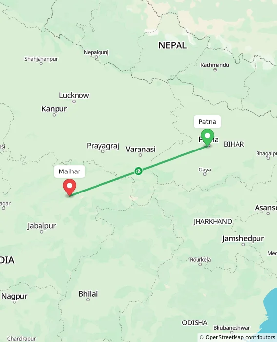 Route map showing distance and travel time from Patna, India to Maihar, India