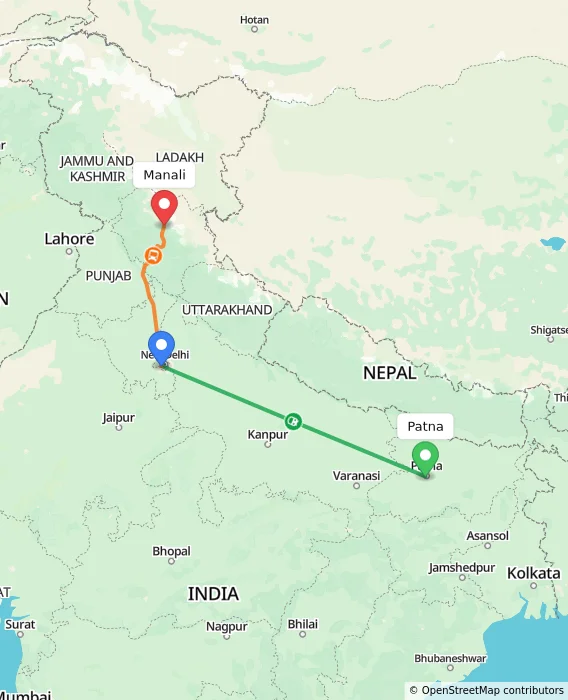 Route map showing distance and travel time from Patna, India to Manali, India
