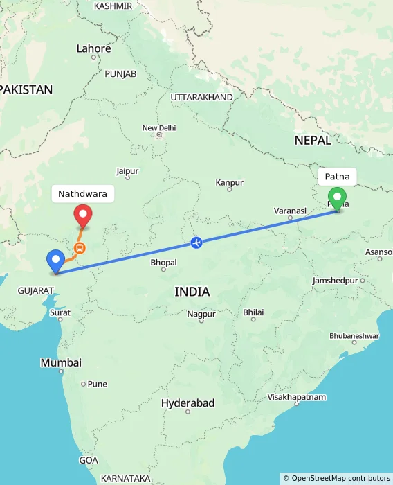 Route map showing distance and travel time from Patna, India to Nathdwara, India