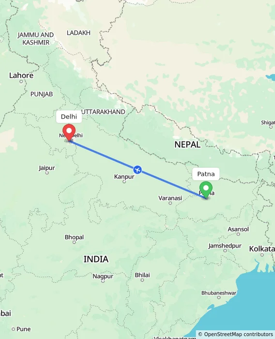 Route map showing distance and travel time from Patna, India to Delhi, India