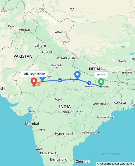 Route map showing distance and travel time from Patna, India to Pali, Rajasthan, India