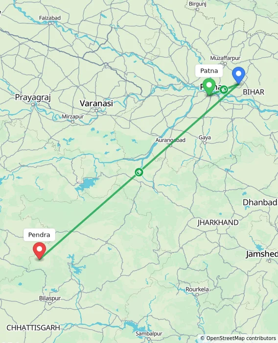 Route map showing distance and travel time from Patna, India to Pendra, India