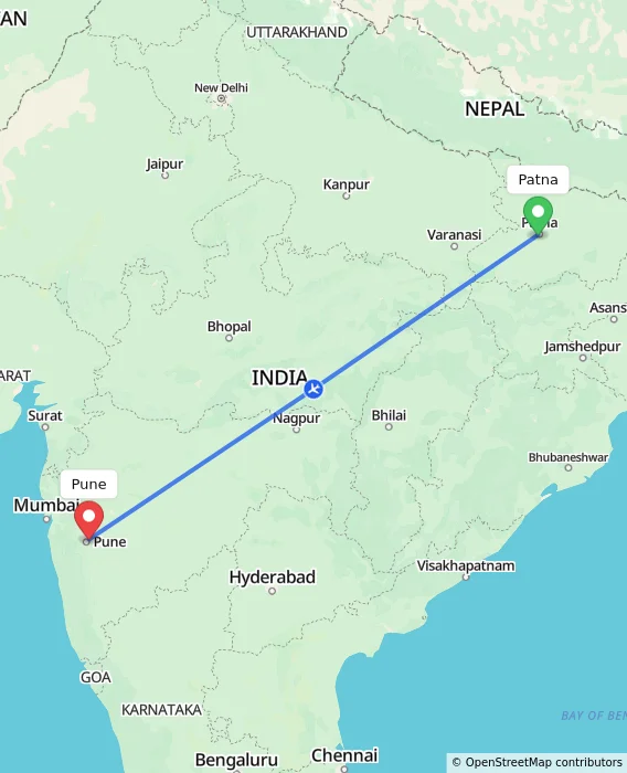 Route map showing distance and travel time from Patna, India to Pune, India