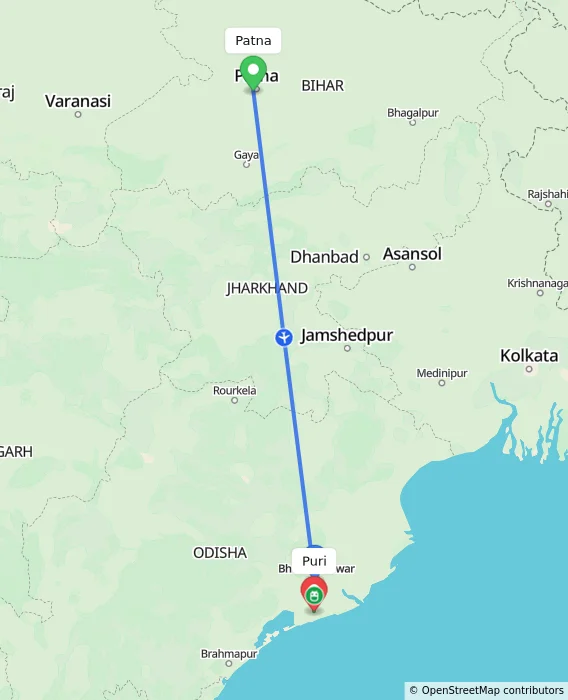 Route map showing distance and travel time from Patna, India to Puri, India