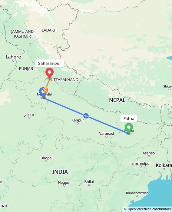 Route map showing distance and travel time from Patna, India to Saharanpur, India
