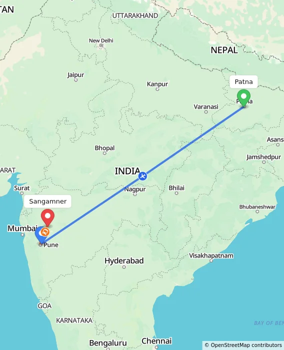 Route map showing distance and travel time from Patna, India to Sangamner, India