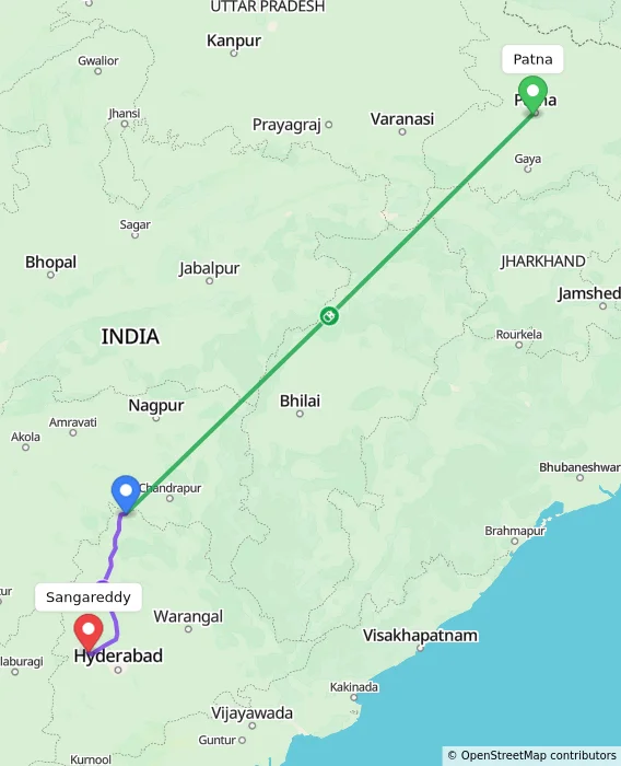 Route map showing distance and travel time from Patna, India to Sangareddy, India
