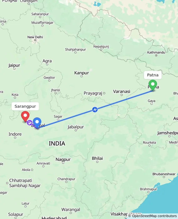 Route map showing distance and travel time from Patna, India to Sarangpur, India
