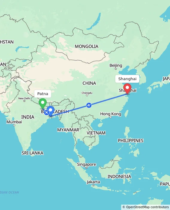 Route map showing distance and travel time from Patna, India to Shanghai, China