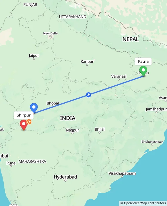 Route map showing distance and travel time from Patna, India to Shirpur, India